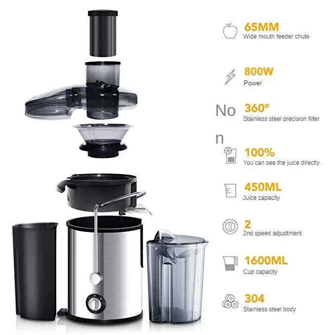 A stainless steel centrifugal juicer with a large feed tube, showing various components and juice extraction parts.