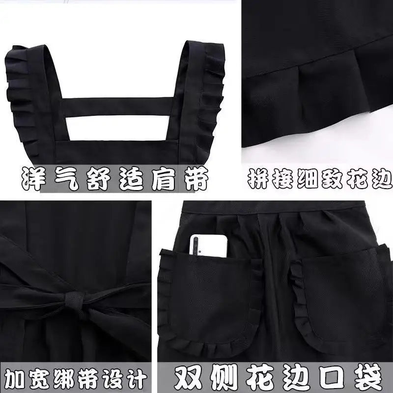 Black Korean style cotton kitchen apron with an adjustable neck strap and pleated details