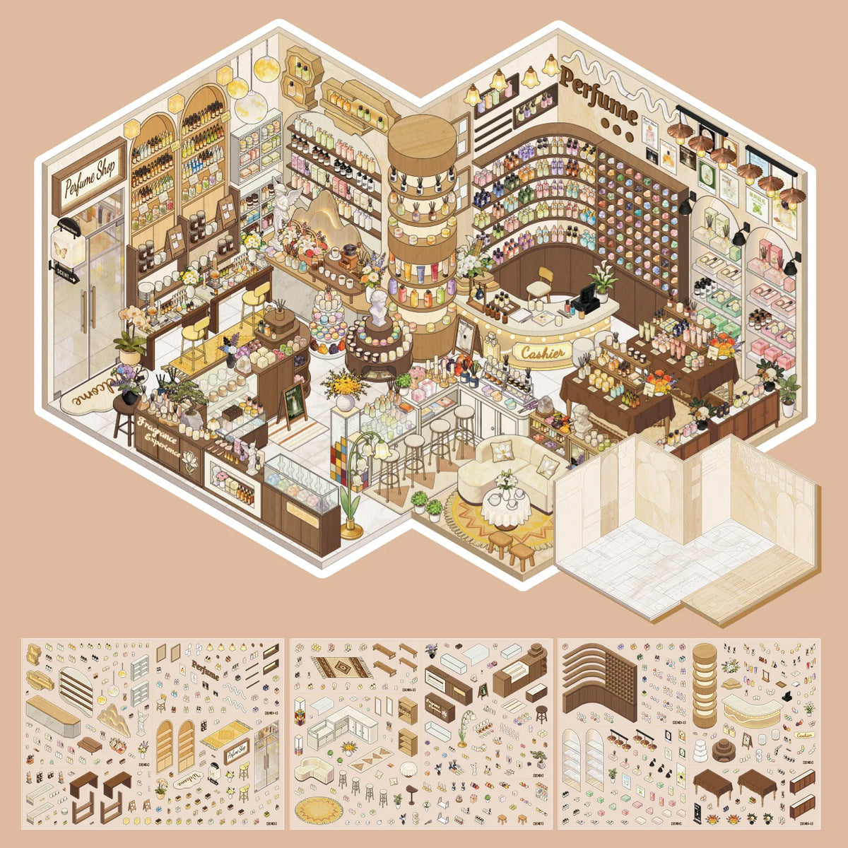 A collection of 3D house scene stickers and elements for scrapbooking and DIY crafts.