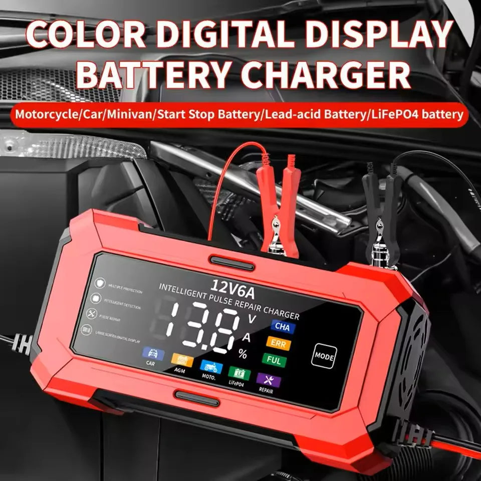 A red digital battery charger with an LCD display is shown installed in a car engine bay.