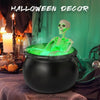A black cauldron filled with glowing green liquid and a skull skeleton model, creating an LED fog-mist effect for Halloween d
