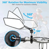 A close-up view of an adjustable rearview mirror mounted on a bicycle handlebar, demonstrating 360 degree rotation.