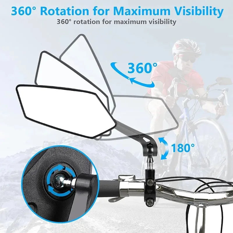 A close-up view of an adjustable rearview mirror mounted on a bicycle handlebar, demonstrating 360 degree rotation.