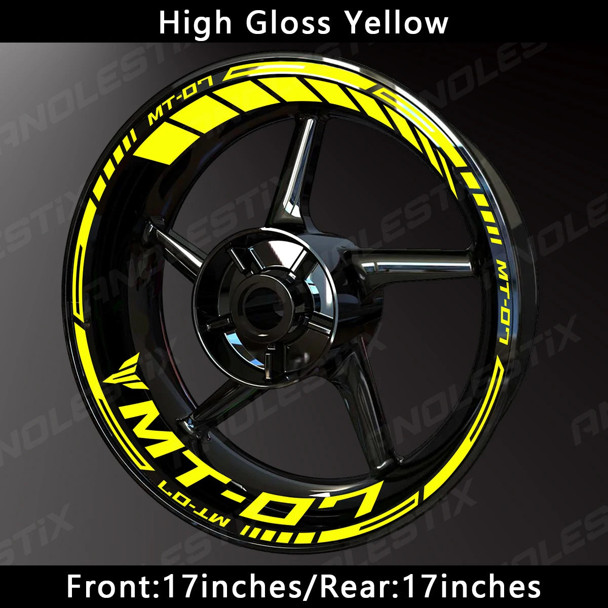 High Gloss Yellow reflective wheel decals for Yamaha MT-07 rim stripe kit with 17 inch front and rear wheels