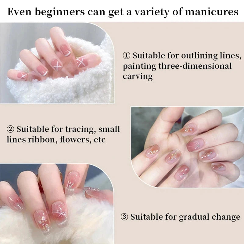 A set of professional nail art liner brushes demonstrating various uses for manicures including outlining, tracing, and gradu