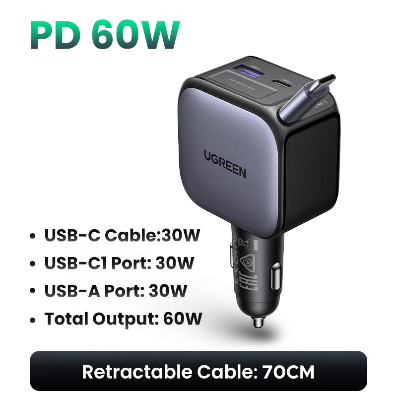 145W USB-C & USB-A Car Charger with Retractable Cable