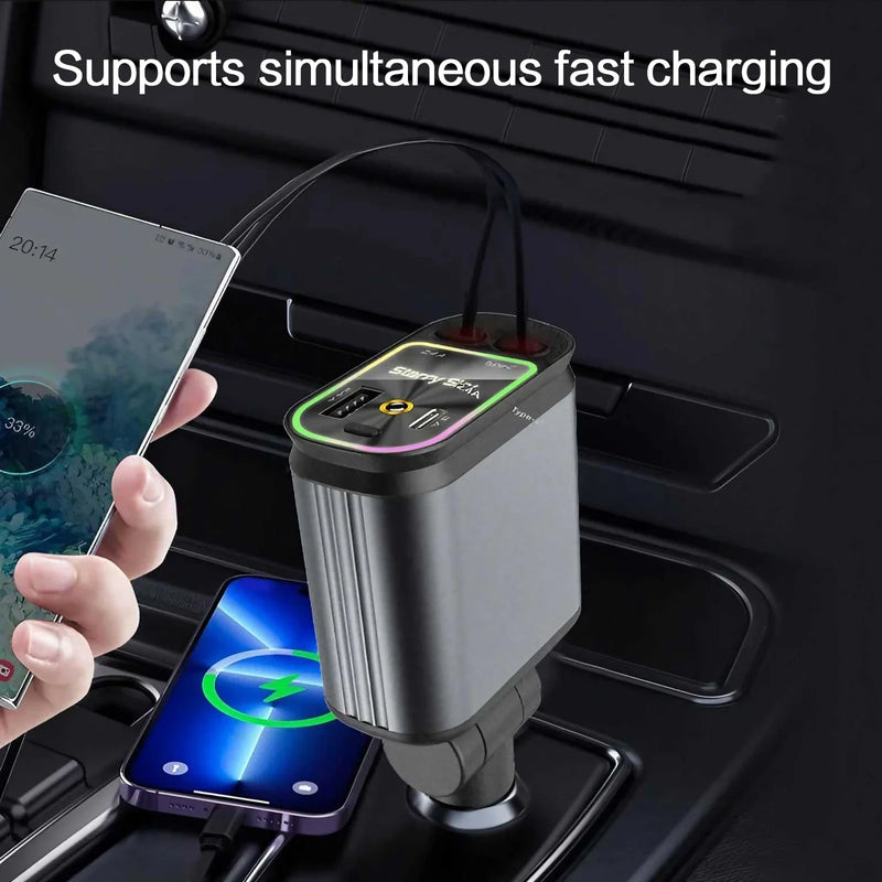 Einziehbarer Dual USB-C Auto-Ladegerät mit Spannungsanzeige