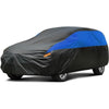Black and blue all-weather waterproof car cover with UV protection