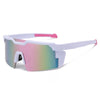 A pair of white and pink polarized sports sunglasses with a multicolored lens