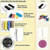 A portable sewing kit showing assorted needles, plastic spools of thread, and large-eye needles.