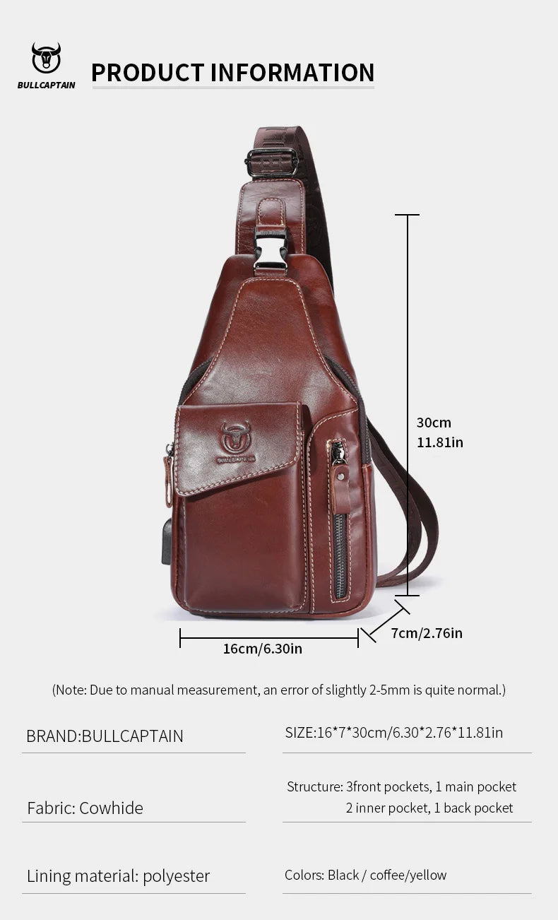 Men's Genuine Leather Sling Backpack with USB Charging Port