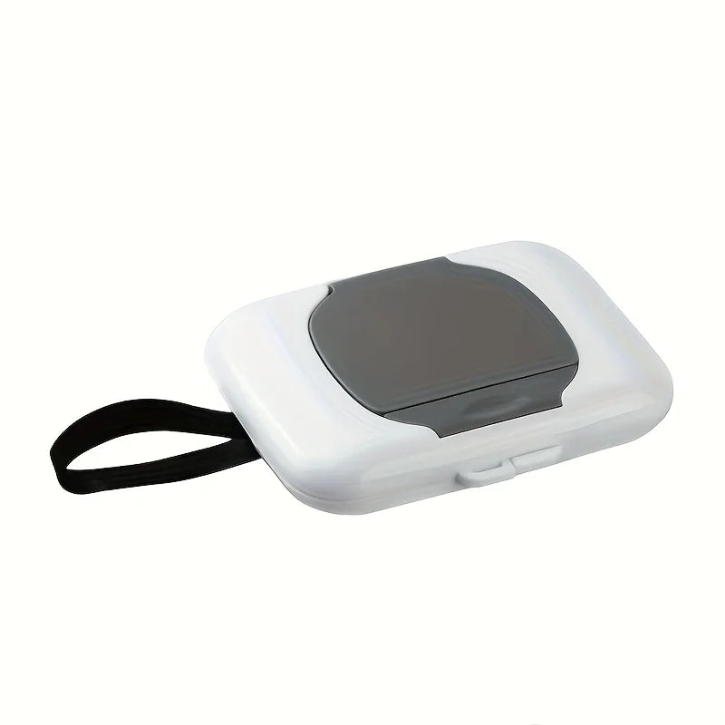 A white refillable wipe dispenser box with a black handle and a clear lid.