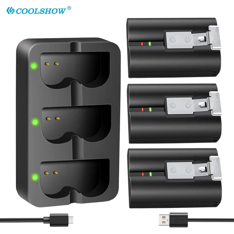 A set of three black rechargeable batteries for Ring video doorbells and cameras with connectors.