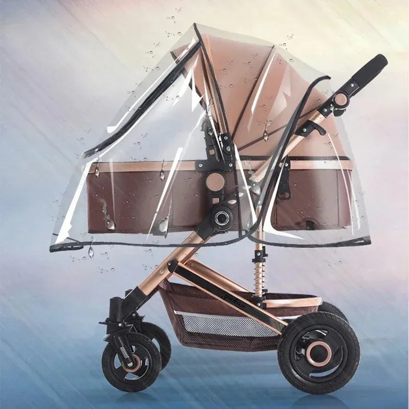 A universal waterproof stroller rain cover with a transparent shield is shown in brown and black.