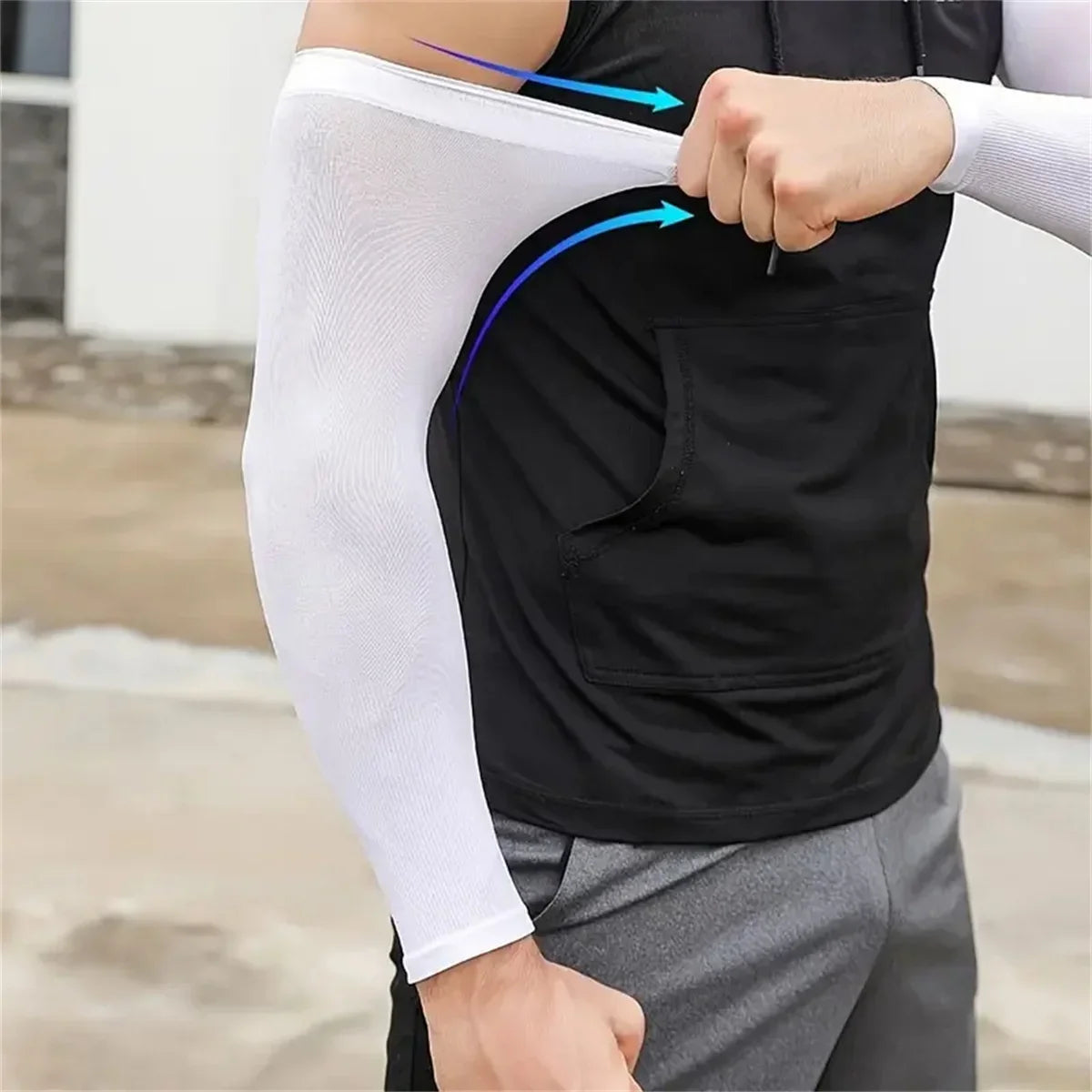 Black arm sleeve with a pocket for UV protection cooling