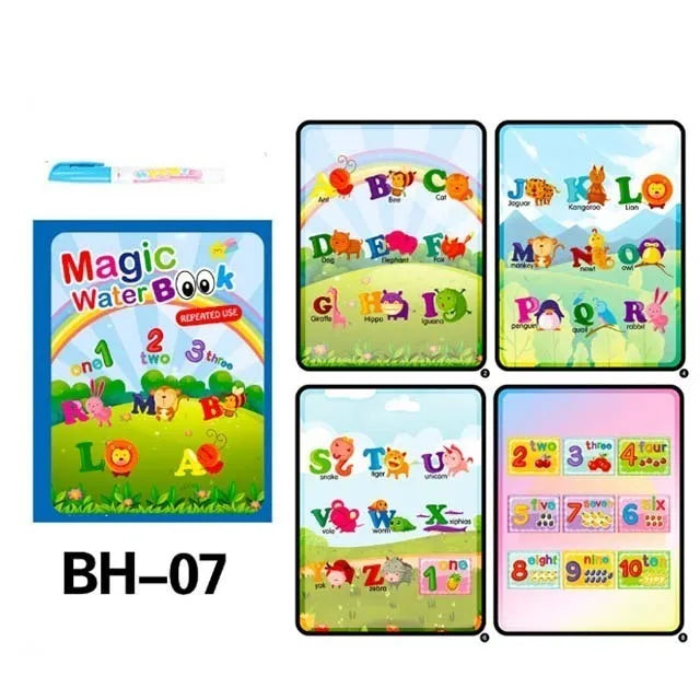 A set of colorful magic water books for children featuring letters and animals.