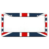 A rectangular aluminum license plate frame featuring the Union Jack design in red, white, and blue.