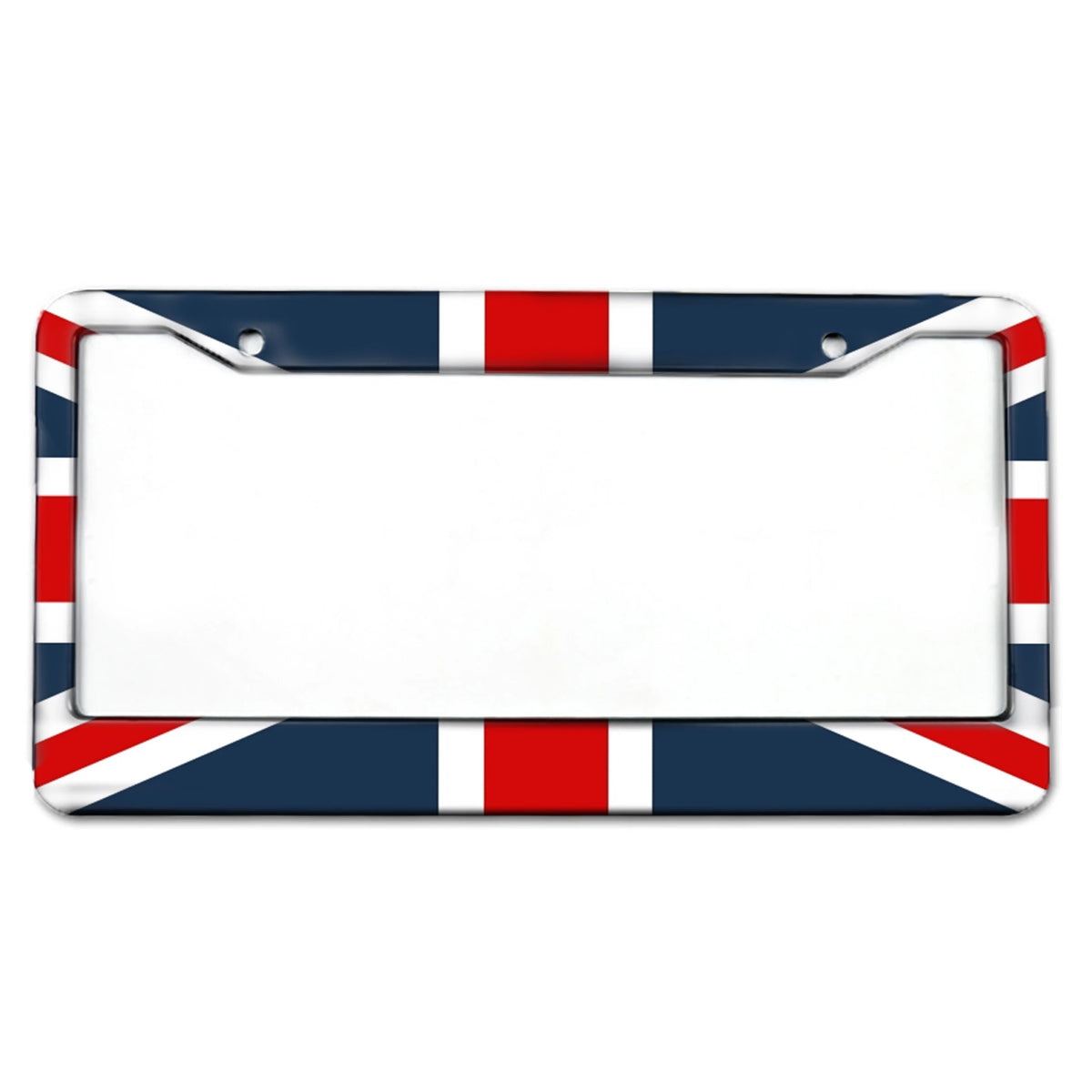 A rectangular aluminum license plate frame featuring the Union Jack design in red, white, and blue.