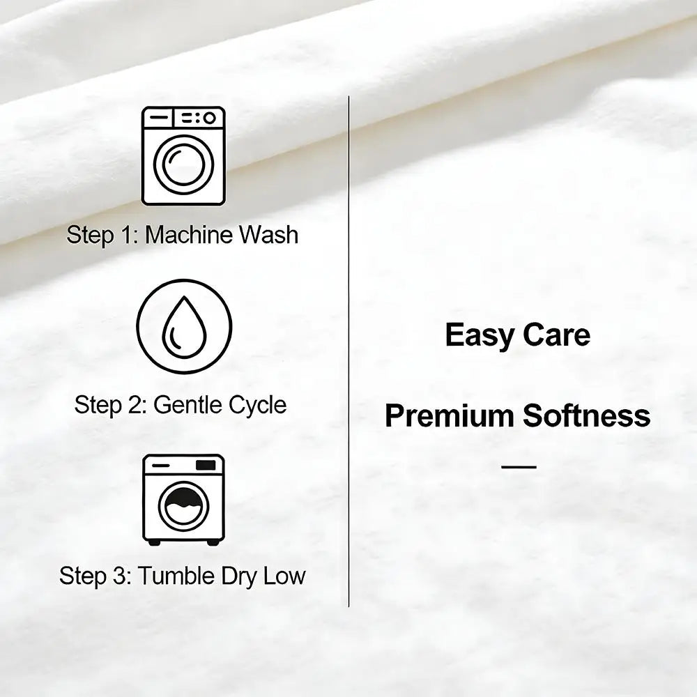 Instructions for washing and caring for a cozy high-density short plush throw blanket, showing machine wash, gentle cycle, an