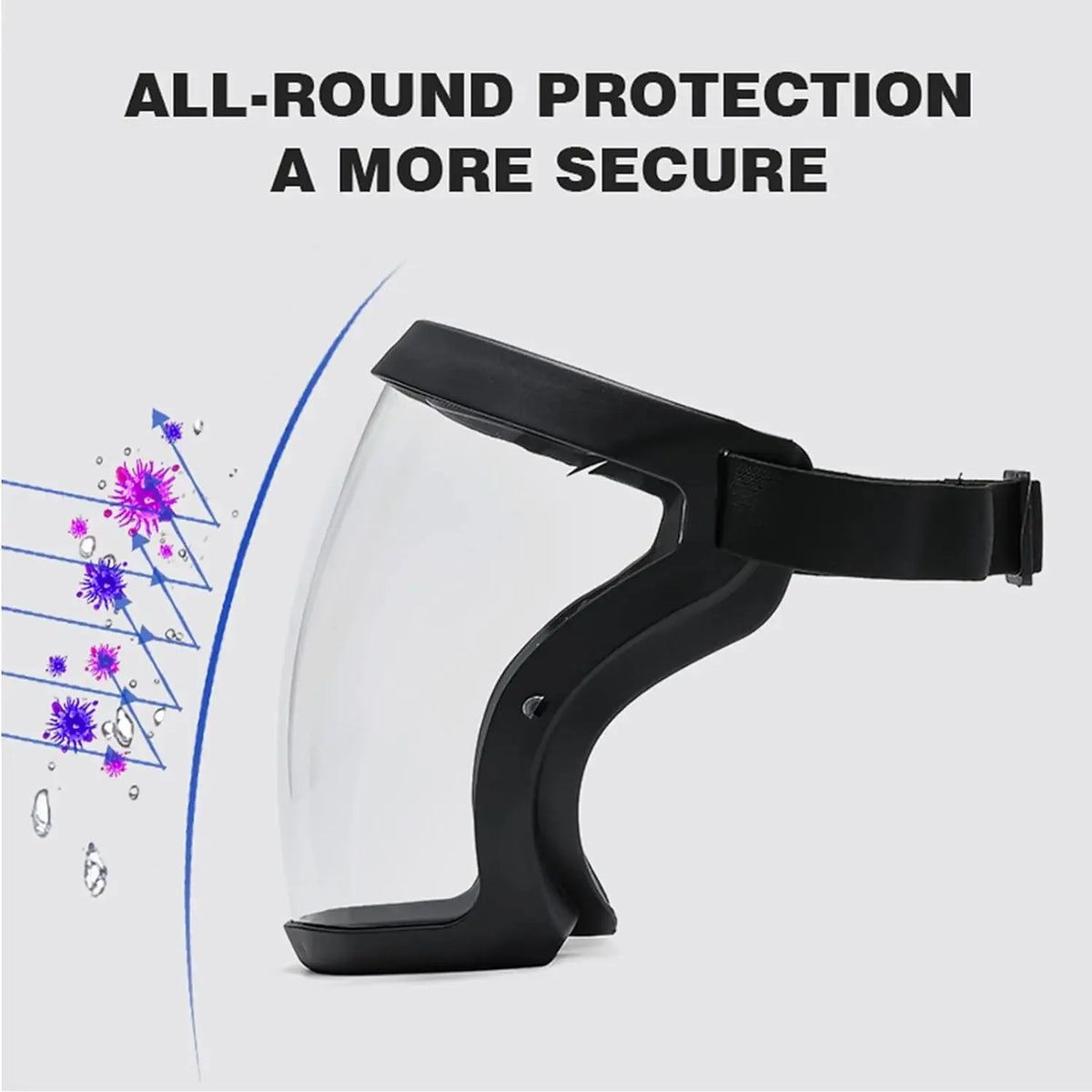 A clear protective face mask with an anti-fog shield and silicone seal shown in black.