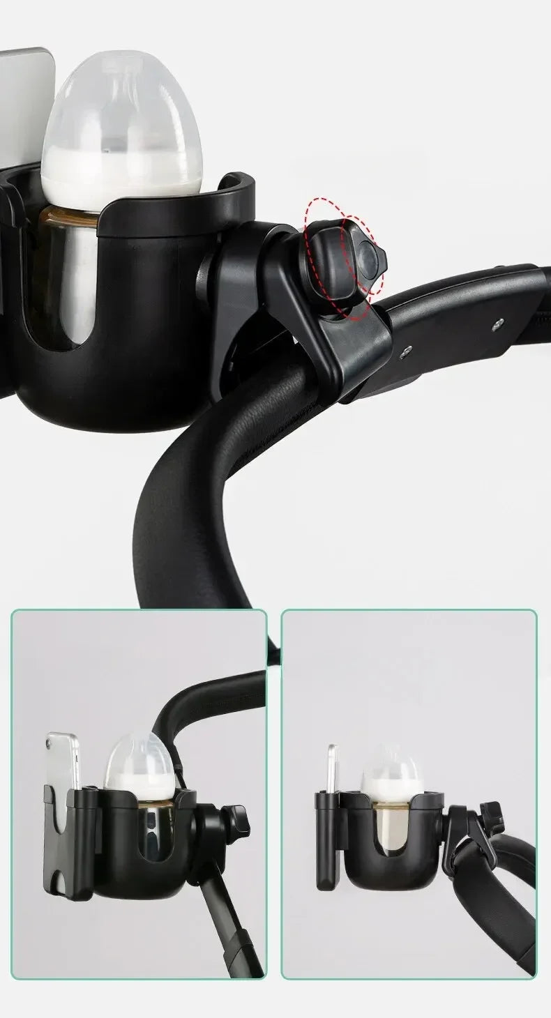 A black stroller cup holder and phone mount with a clear light bulb visible on the device.