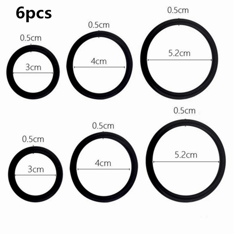 Six silicone cock rings shown with various diameters, including 3cm and 4cm inner diameters.