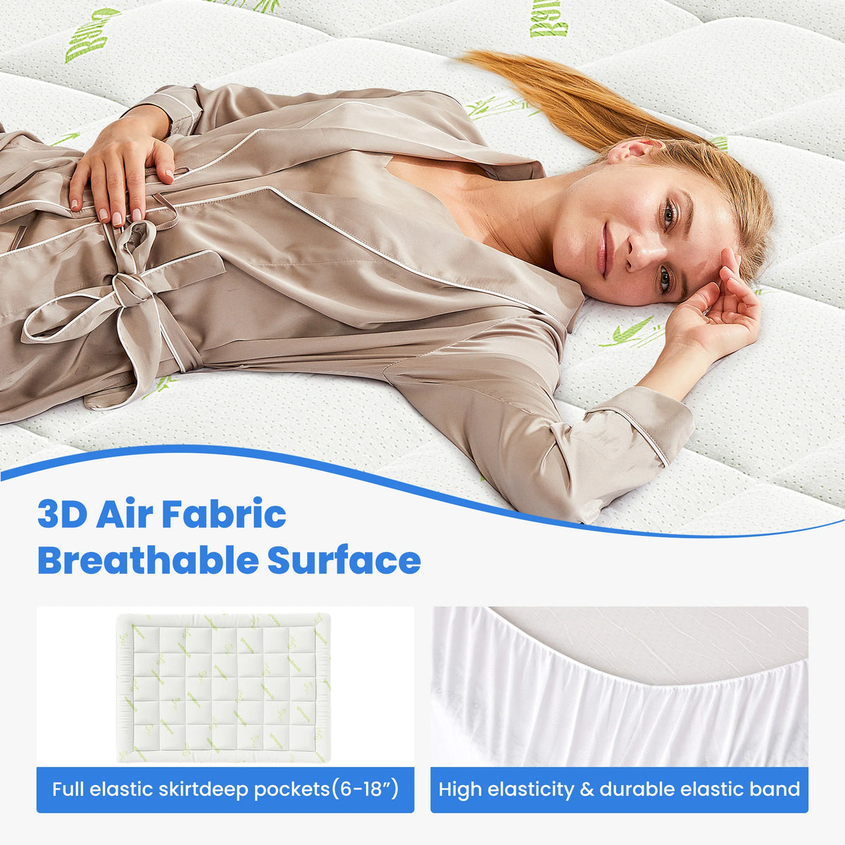 Une femme est allongée sur un couvre-lit de mousse à air 3D, montrant sa surface respirante et ses propriétés élastiques.
