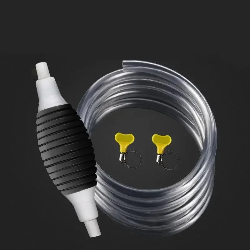 A white manual siphon pump is shown next to a coiled clear tube, demonstrating fluid transfer.