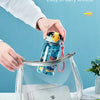A clear silicone case holds a blue cartoon straw water bottle with a leakproof lid.