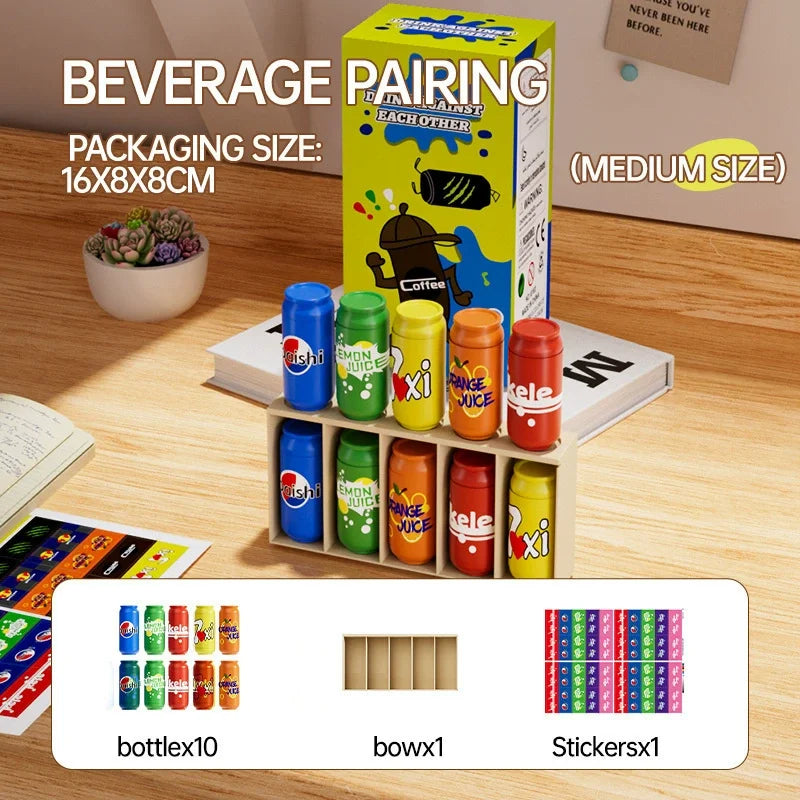 A box of Beverage Pairing each other game with ten colored bottles and stickers for a memory match activity