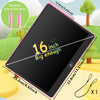 Tablette d'écriture LCD noire de 16 pouces avec une coque rose et un cordon noir, à côté d'arbres verts.
