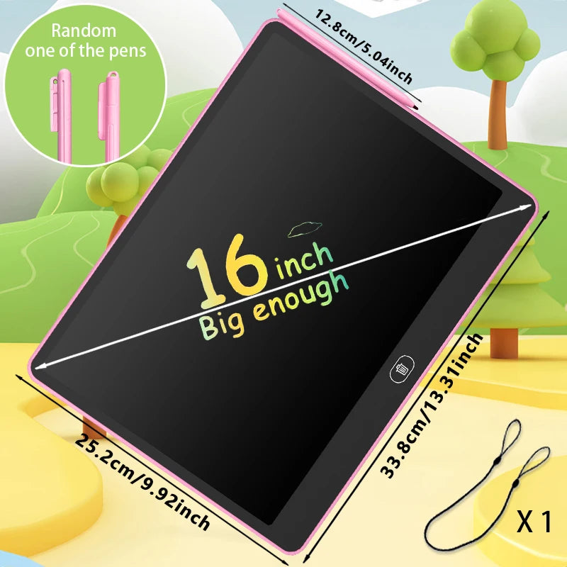 Tablette d'écriture LCD noire de 16 pouces avec une coque rose et un cordon noir, à côté d'arbres verts.