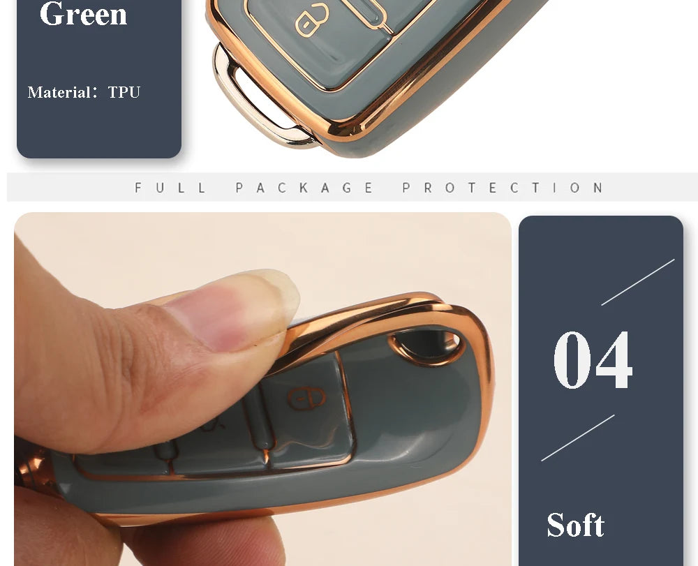 A hand holds a soft, light green TPU silicone car key case with a gold finish.