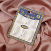 A package containing eight white pearl-style pins for hijab and scarf decoration, displayed on pink fabric.