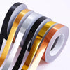 Rolls of self-adhesive waterproof tile gap sealing tape in various colors including black, silver, gold, and white.