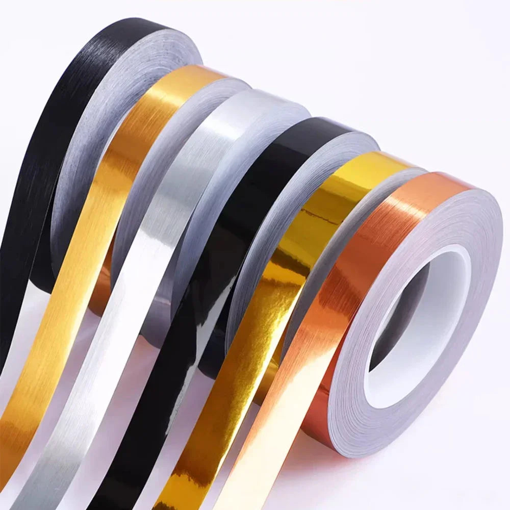 Rolls of self-adhesive waterproof tile gap sealing tape in various colors including black, silver, gold, and white.