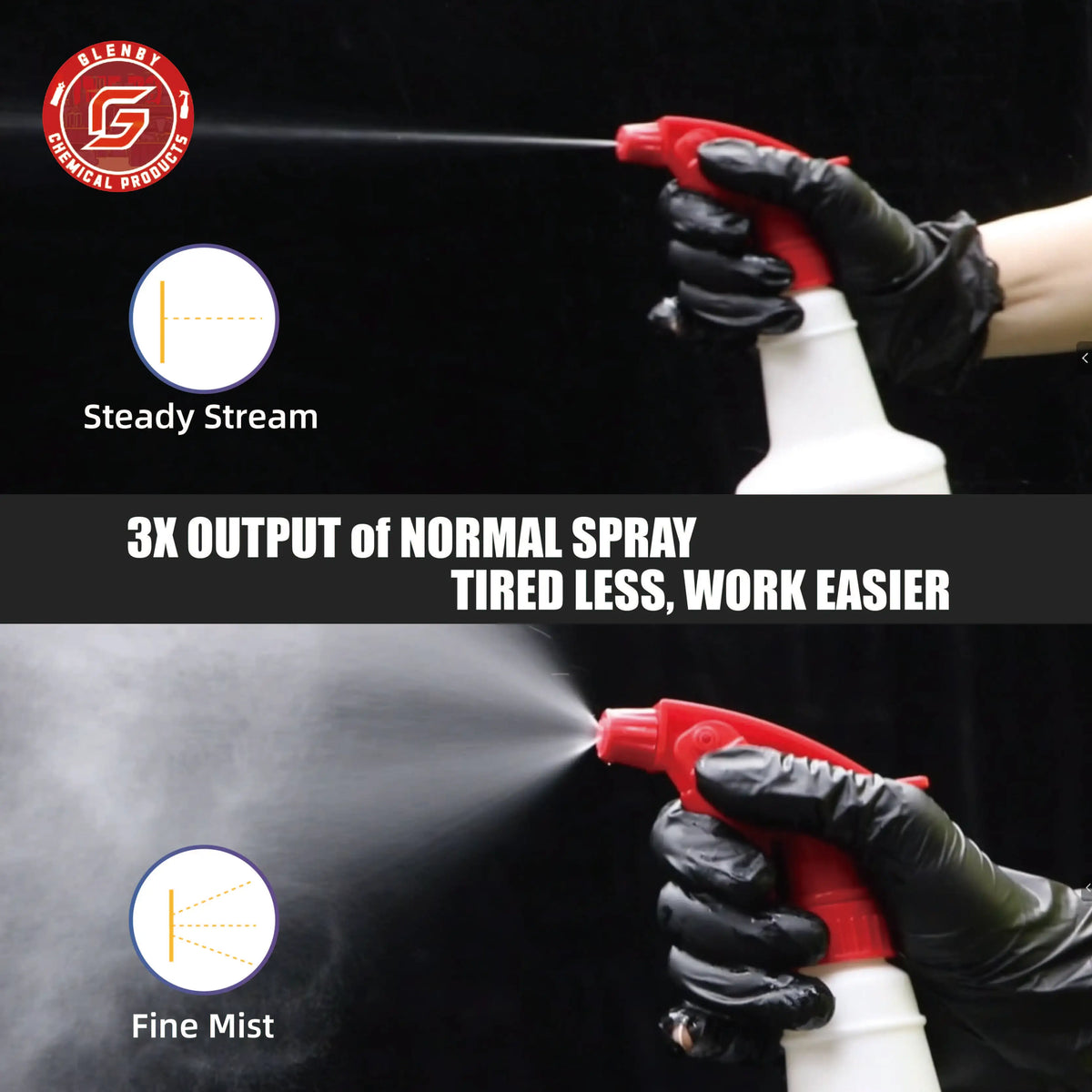 A hand sprays a steady stream of fine mist from a red plastic spray bottle onto a dark surface.