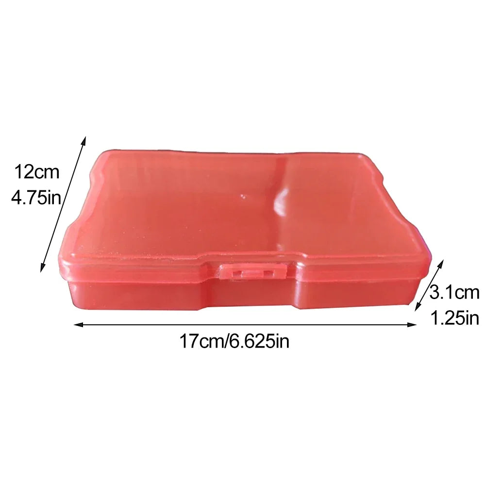 A rectangular red plastic storage box for 4x6 pictures with dimensions 12cm by 17cm.