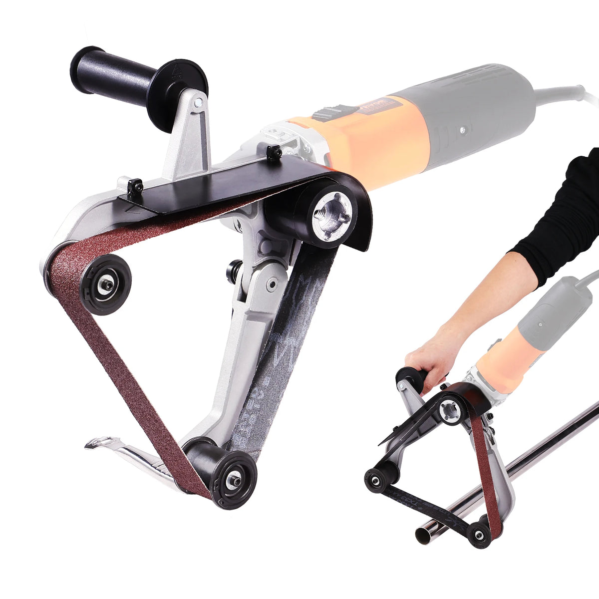 Angle grinder belt sander attachment with a sanding belt and mounting bracket