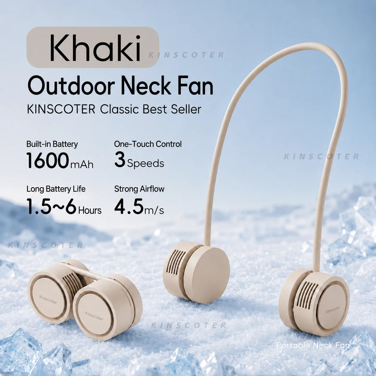 A beige portable neck fan with a flexible neck and battery unit is shown on a snowy surface.
