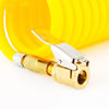 A brass tire inflator chuck with a quick-connect clip is shown next to a yellow tire inflation gauge.