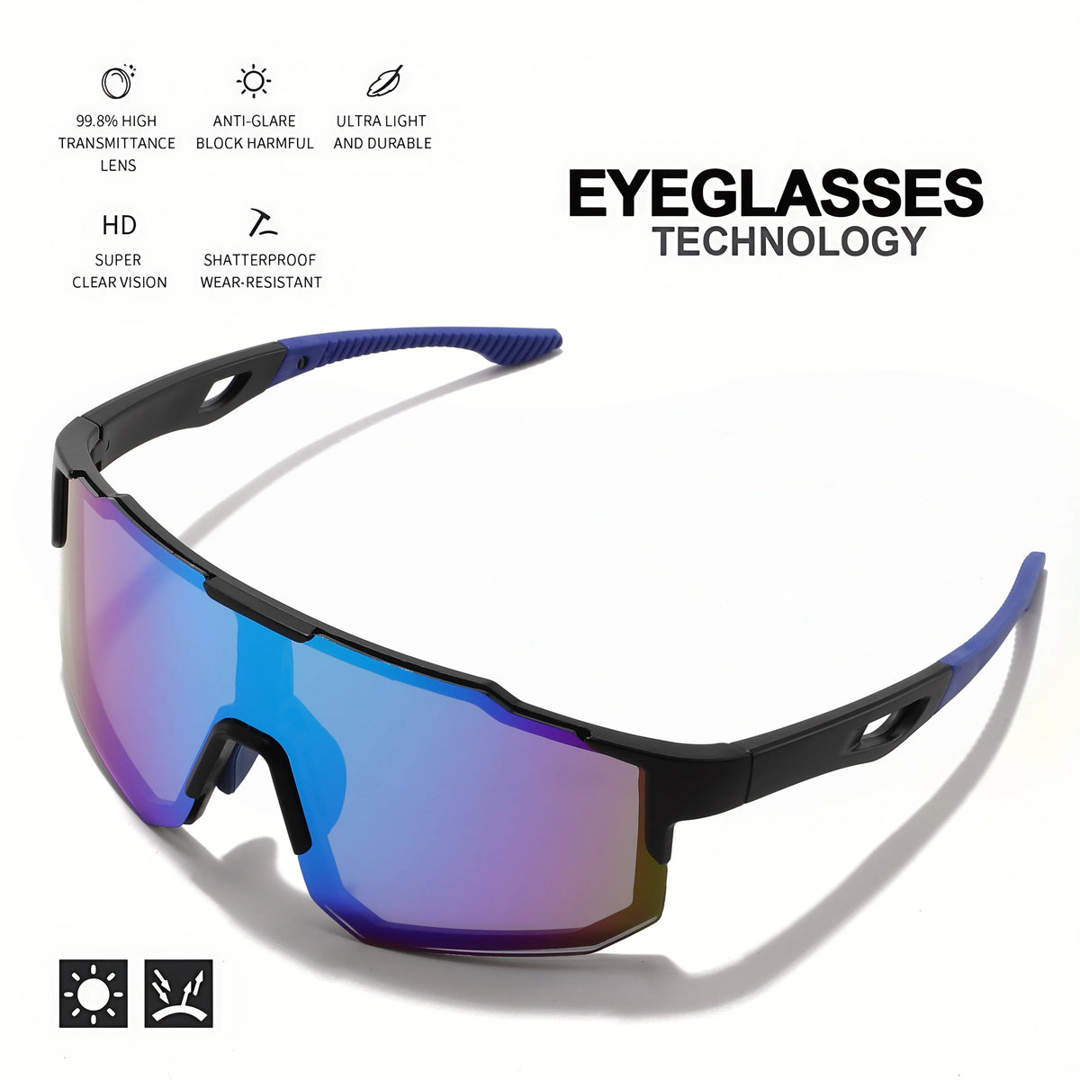 Lunettes de sport avec monture noire et teinte violette, à monture enveloppante, sur fond blanc.
