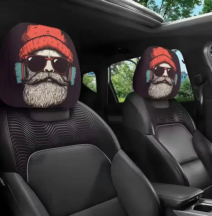 A pair of horror-themed car headrest covers featuring creepy bearded faces and sunglasses on black leather seats.