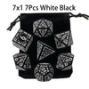 A set of seven polyhedral dice in white and black are displayed inside a black pouch.