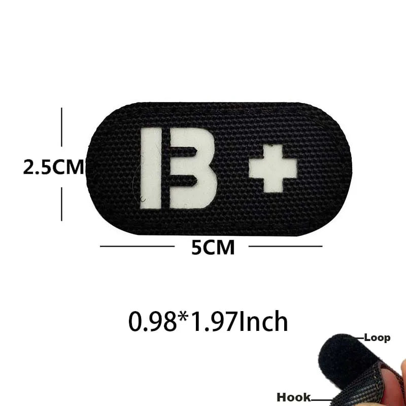 Black glow-in-the-dark blood type patch with hook and loop backing