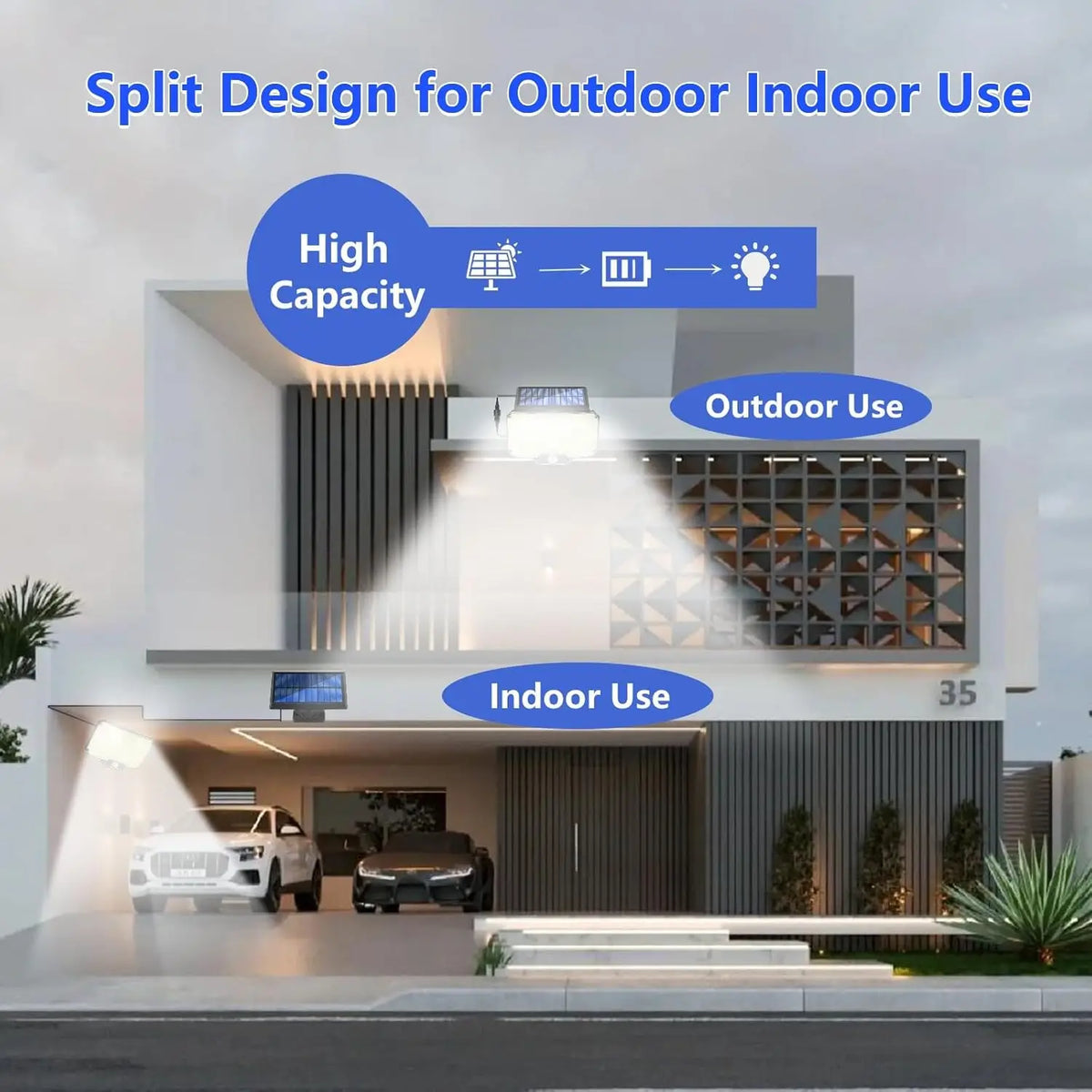 Split design for outdoor and indoor use showing a modern building facade with integrated lighting.