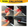 Installation steps showing how to attach a red tow hook cover to a vehicle's front bumper.