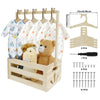 Wooden storage crate with handles for baby essentials and toys, including hangers and screws.