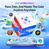 A digital illustration showing a red and blue cube being manipulated on a tablet screen with surrounding game elements.