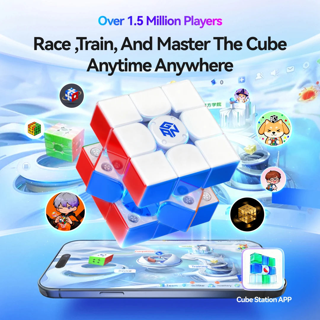 A digital illustration showing a red and blue cube being manipulated on a tablet screen with surrounding game elements.
